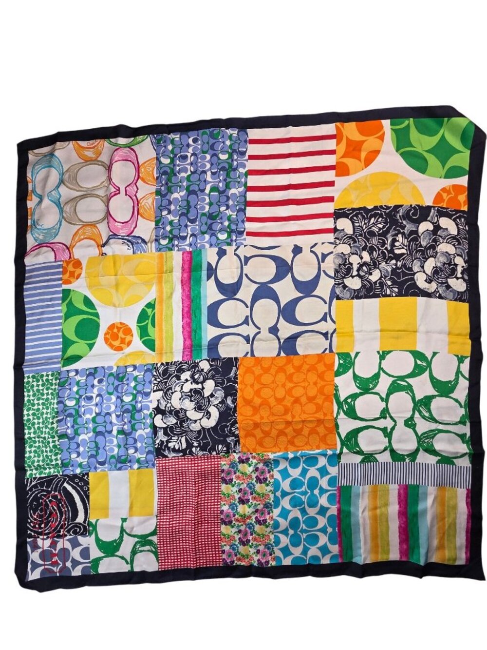 Coach Multicolor Patchwork Print Silk Scarf 27"x27" With Signature C Patterns